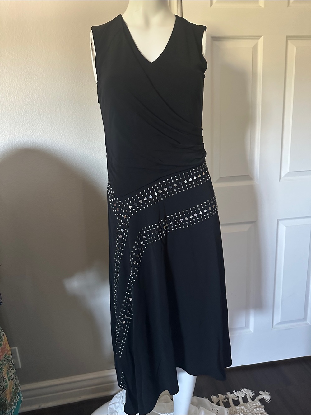 Tory Burch Black Sleeveless V-Neck Midi Dress with Stud Embellishment